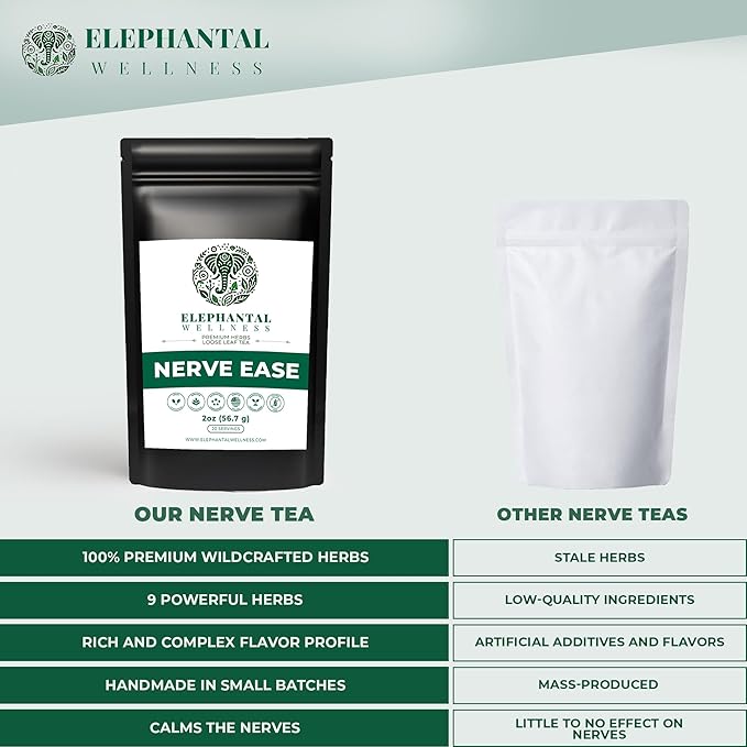 Elephantal Wellness Nerve Ease Herbal Tea | Calming Nervous System Support with Chamomile Tea, Passionflower, Lemon Balm Tea, Valerian & St. John’s Wort | Loose Leaf, Caffeine-Free, 2oz, 20 Servings