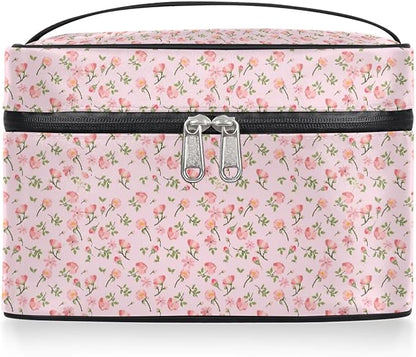 Large Makeup Bag Travel Cosmetic Bags for Women Pink Vintage Bohemian Spring Flower Floral Makeup Organizer Case Toiletry Bag for Girls Traveling Wide Open Portable Pouch with Handle