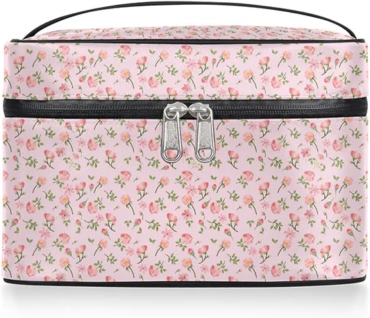 Large Makeup Bag Travel Cosmetic Bags for Women Pink Vintage Bohemian Spring Flower Floral Makeup Organizer Case Toiletry Bag for Girls Traveling Wide Open Portable Pouch with Handle