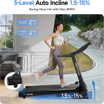 Treadmills for Home with Incline, Auto Foldable Running Treadmills, 8.0 MPH Walking Pad Treadmill with Bluetooth, 300 lbs Weight Capacity Quiet
