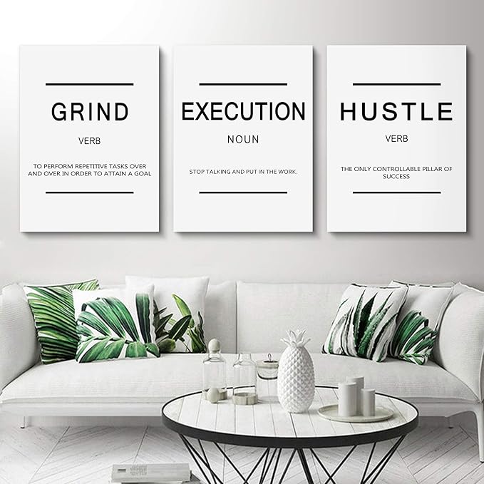 Framed Canvas Wall Art Success Quote, Office Wall Art, White Large Poster, Positive Motivational Set of 3 Prints, Grind Execution Hustle Poster, Inspirational Print