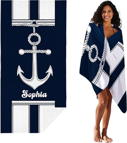 JML Personalized Beach Towel with Name, Custom Anchor Beach Towel, Customized Microfiber Pool Towel, Quick Dry & Absorbent Swim Towel for Adult,Anniversary, Birthday, Summer Holiday,Vacation