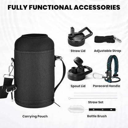 Insulated Water Bottle 64 oz, Triple Wall Vacuum Stainless Steel (Cold for 48 Hrs), Leak Proof & Non-BPA, Half Gallon Water Flask Jug with Paracord Handle & Straw Spout Lids