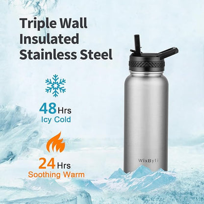32 oz Insulated Water Bottle with Straw (Cold for 48 Hrs), Stainless Steel Triple Wall Vacuum Sports Water Jug, Leakproof Hydro Cup Flask with Paracord Handle & Straw Spout Lids & DIY Stickers