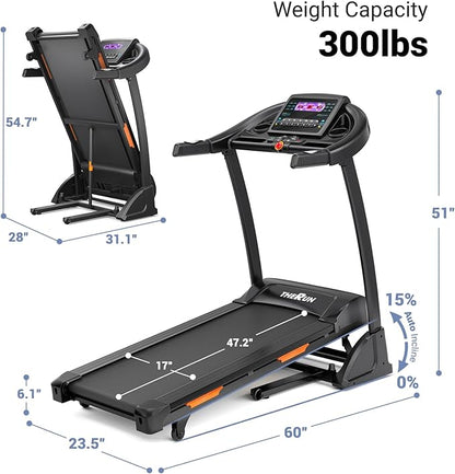 THERUN Incline Treadmill for Running and Walking, 300 lbs Weight Capacity Folding Treadmill with 0-15% Auto Incline, Wide Belt, 3.5HP, App, Heart Rate