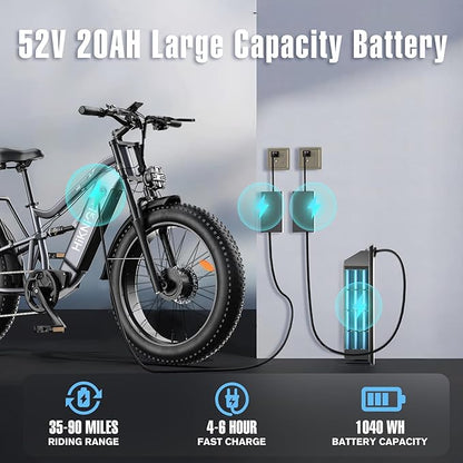 Electric Bike for Adult, 52V 20Ah Peak 3000W Dual Motor 26" Fat Tire Ebike, Max 38Mph & 35-90 Miles Full Suspension, Mountain E Bicycle for Men