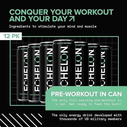 Echelon Pre-Workout Energy Drink | Watermelon Thai Chili | 12 Pack | Sustained Energy, Focus and Endurance Dietary Supplement | 300mg of Caffeine | Beta-Alanine, L-Theanine & Fiber | Vegan