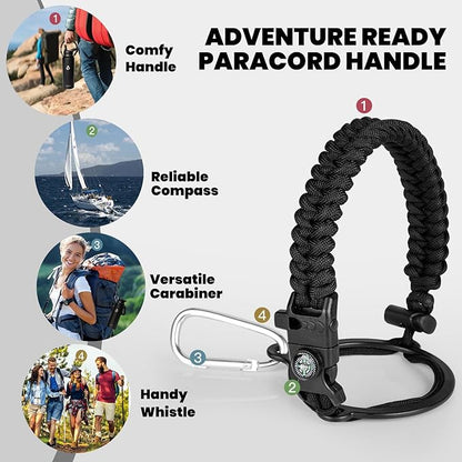 Insulated Water Bottle 40 oz, Triple Wall Vacuum Stainless Steel (Cold for 48 Hrs), Leak Proof & Non-BPA, Modern Water Flask Jug with Paracord Handle & Straw Spout Lids, Magic Black