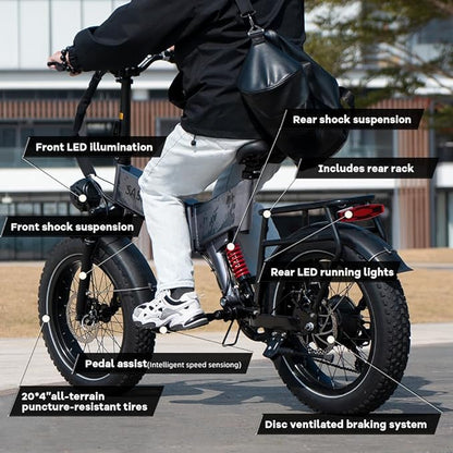 Folding Electric Bike for Adults, 20'' 1500W Peak Fat Tire Ebike, Up to 70 Miles 30+MPH Electric Mountain Bike with 52V 20AH Removable Battery, Dual Suspension, 7-Speed,UL Certified