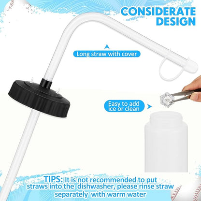 Domensi 4 Pack 1 Liter Sports Water Bottle W/long Straw Hockey Lacrosse Water Bottle with Straw Bpa Free Squeeze Plastic Use Sport Helmet in Football Baseball Gym(Black/translucent,Classic)