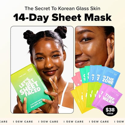 I DEW CARE Glass Skin Facial Sheet Mask Variety Pack - Let's Get Sheet Faced | 14 Days Facial Masks Set, Moisturizing Face Masks Skincare, Korean Face Mask, Hydrating Collagen Face Mask, 14 Count