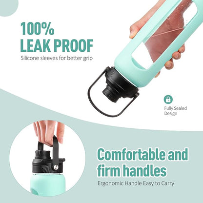 Kodrine Water Bottle with Straw, 24 oz Glass water Bottle with 2 Lids Bamboo Straw Lid and Spout Lid with Handle, 32 oz Clear Water Bottle Glass for Sports Travel, Waterbottle with Time Marker