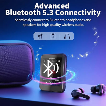 16GB MP3 Player with Bluetooth 5.3, QNGEE 2.4 inch Full Touchscreen Music MP3 for Kids, FM Radio, Voice Recorder, HiFi Sound, E-Book, Earphones Included