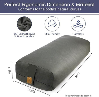 Organic Buckwheat Bolster (24X10.5X5.5 in) Supportive Rectangular Meditation Pillow 100% Cotton Cover Yoga Pillow