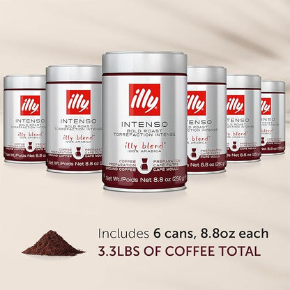 Illy Ground Drip Coffee - Intenso Bold Roast - Bold & Flavorful - 100% Arabica - Pre-Ground for Drip Pour Over - Pressurized Packaging Sealed for Freshness - 8.8oz (Pack of 6)