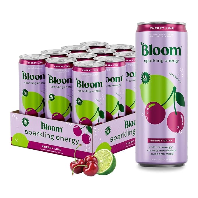 Bloom Nutrition Sparkling Energy Drink - Natural Caffeine, Zero Sugar, 180mg Caffeine - Antioxidant-Rich w/Green Coffee Bean, Green Tea Extract, Prebiotics - Cherry Lime - 12oz 12 pk