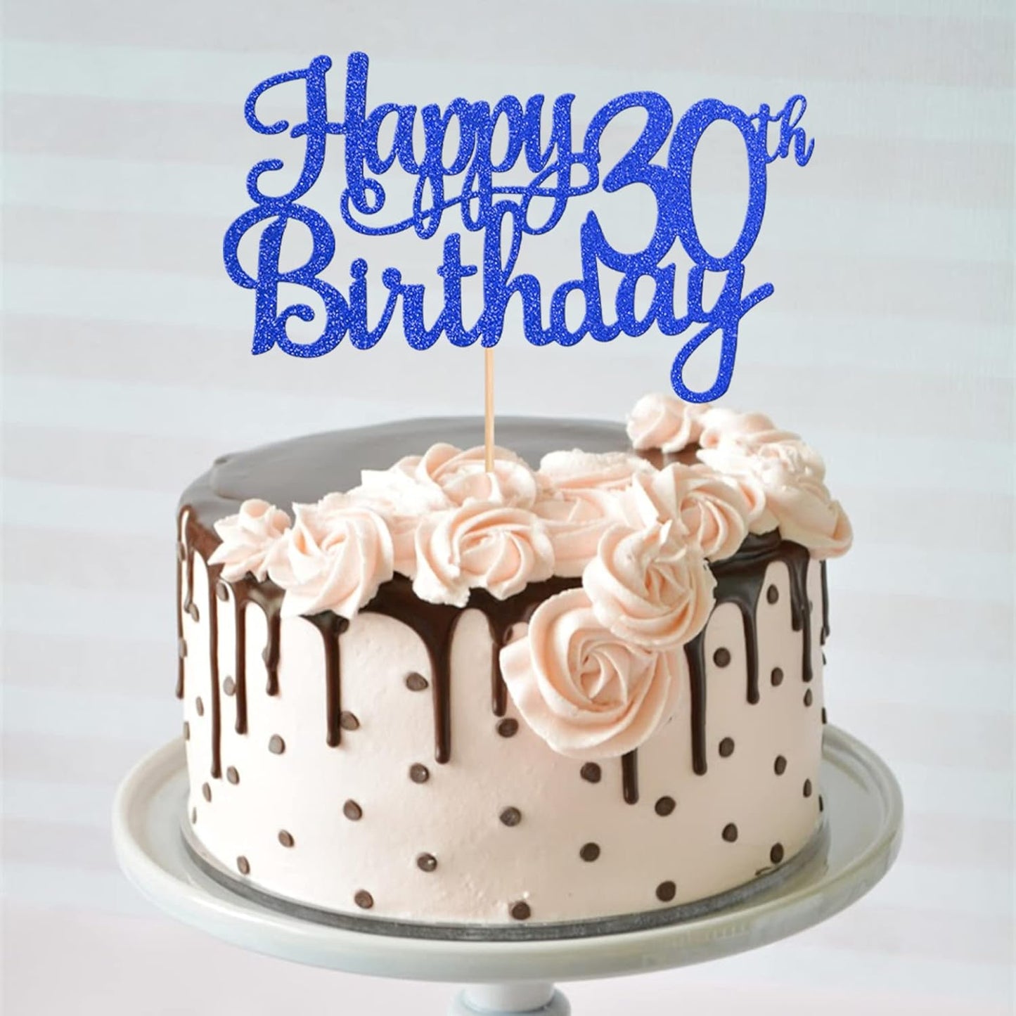 1 PCS Happy 30th Birthday Cake Topper Glitter Cheers to 30 Years Birthday Cake Pick 30 Fabulous Cake Decoration for Happy 30th Birthday Anniversary Party Decorations Supplies Blue