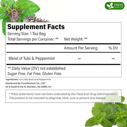 FreshDrinkUS, Premium Tulsi Peppermint Herbal – 30 Tea Bags, 100% Natural, Blend of Tulsi Holy Basil Leaves, and Peppermint Leaves. Made with Natural Material Tea Bags. No Sugar, Vegan.