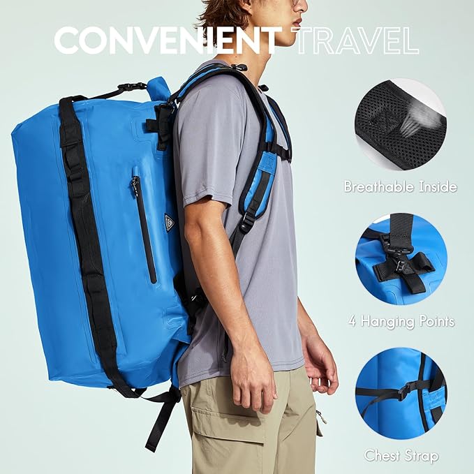 Haimont Large Waterproof Duffel Backpack Roll-Top Heavy Duty Dry Duffle Bag for Boating, Travel, Motorcycle, Kayaking, Camping, 60L