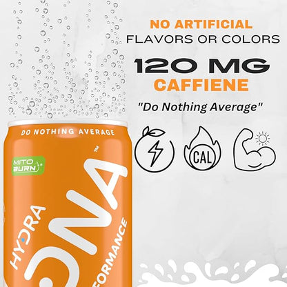 HYDRADNA- Clean Performance Drink, Zero Sugar | For Natural Fuel, Alertness, Boost, Stamina,120 mg Organic Caffeine, Natural Flavors, Zero Sucralose, Clean Ingredients (12 Pack) (12 Pack, Orange)