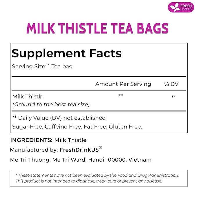 FreshDrinkUS, Premium 135 Milk Thistle Tea Bags, 100% Natural & Pure from Milk Thistle Seeds. Milk Thistle Seed Herbal Tea. Made with Natural Material Tea Bags. No Sugar, No Caffeine, No Gluten, Vegan.