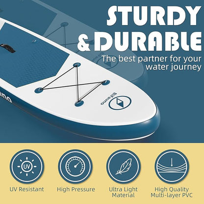 Inflatable Stand Up Paddle Board with SUP Accessories & Backpack. Paddle Boards for Adults. Non-Slip Deck, Wide Stance, Bottom Fin, Double Action Pump.