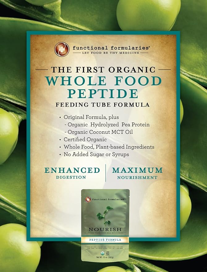 Functional Formularies Nourish Peptide Organic Tube Feeding Formula and Nutritional Meal Replacement Supplement, 12 Oz Pouch, Pack of 24