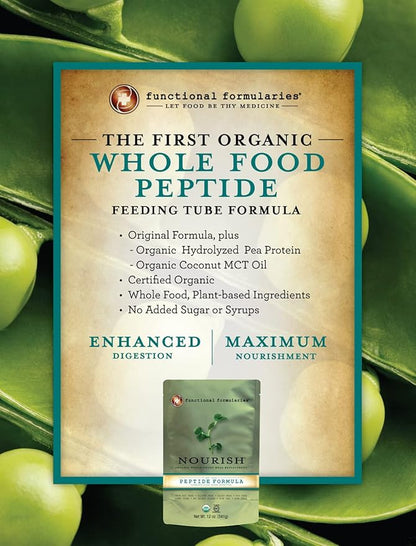 Functional Formularies Nourish Peptide Organic Tube Feeding Formula and Nutritional Meal Replacement Supplement, 12 Oz Pouch, Pack of 24