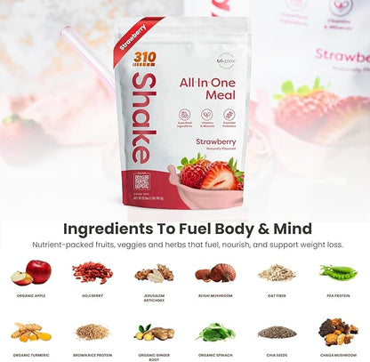 310 Nutrition All-In-One Meal Replacement Shake Powder - Plant-Based Protein Smoothie Blend w/High Fiber, Probiotics & Adaptogens - Low Carb, Vegan, Keto & Paleo Friendly - Strawberry - 28 Srv