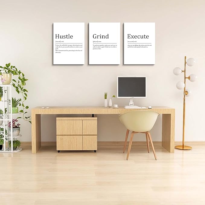 Hustle Grind Execute, Inspirational Wall Decor Art - Framed Canvas Office Decor, Quote Poster, Office Wall Art, White Large Poster, Positive Motivational Wall Art, 12x16inchx3pcs