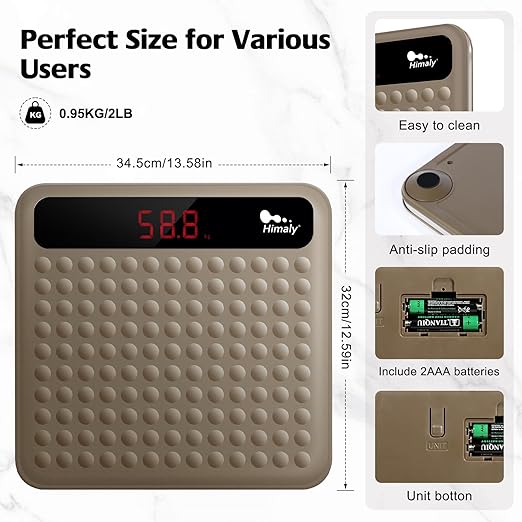himaly Digital Body Weight Scale Bathroom Scale, Step-On Technology High Precision Measurements Scales with Large Non Slip Silicone Platform and LCD Digital Display, 400lbs/180kg Capacity, Brown