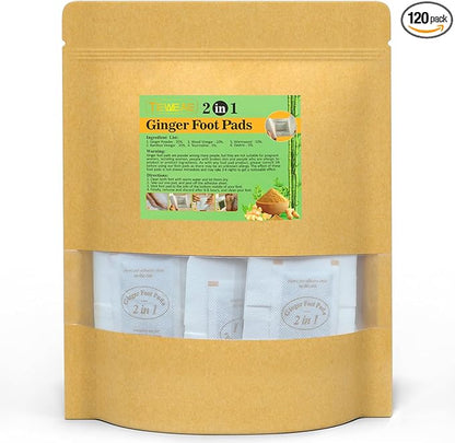 2 in 1 Foot Pads, 120 Pads Tear and Use Pure Ginger Bamboo Wormwood Foot Pads, Bigger Adhesive ''Stay in Place'' Goodnight Pads