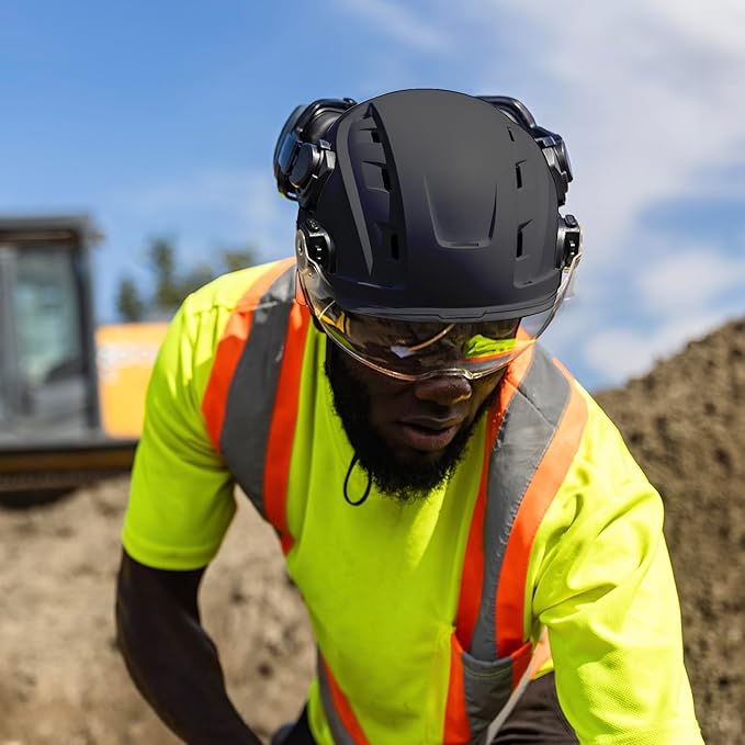 GE Safety Helmet, Impact Absorbing Tech, Adjustable Ratchet, ANSI Type 1, Memory Foam Padding, Hard Hats Protection, Lightweight, Durable, Chin Strap, Comfortable Fit OSHA Approved