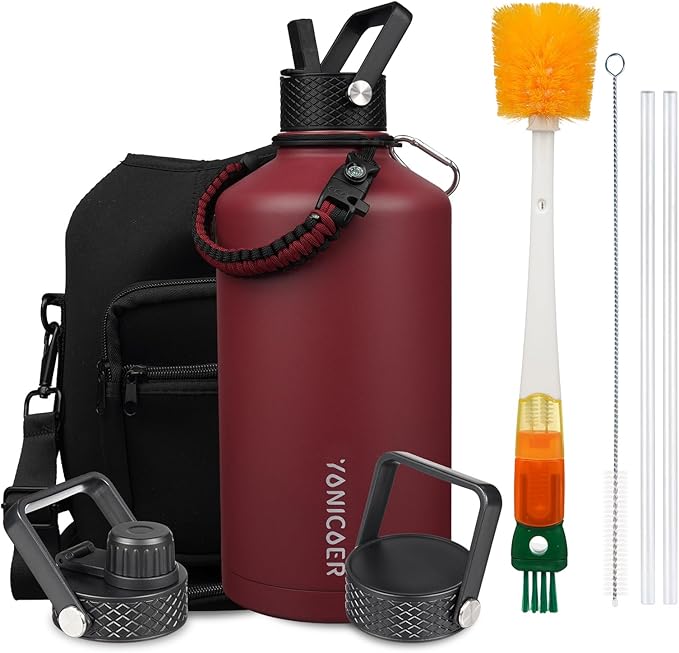 Insulated Water Bottle 64oz,Triple Wall Vacuum Stainless Steel(Dishwasher Safe),Leak Proof & Non-BPA,Flask Jug with Paracord Handle & Straw Spout Lids Sports