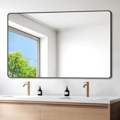 36" x 55"Bathroom Mirror, Matte Black Wall Mirror with Metal Frame, Decorative Rectangular Vanity Mirror for Bedroom Bathroom Living Room Entryway (Horizontal/Vertical)