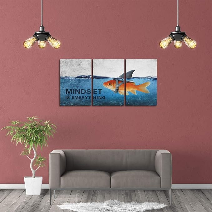 3 Panels Modern Framed Inspirational Canvas Wall Art Goldfish Body Strong Shark Heart Mindset is Everything Motivational Wooden Decor Posters for Office Gym Classroom Home Decoration(48''W x 24''H)
