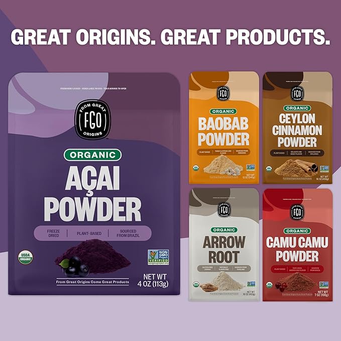 FGO Organic Acai Powder, 4oz Resealable Pouch, Freeze Dried Superfood Berry from Brazil, No Sugar & Additives,Great for Drinks, Smoothie, & Beverages, Non-GMO (Pack of 1)