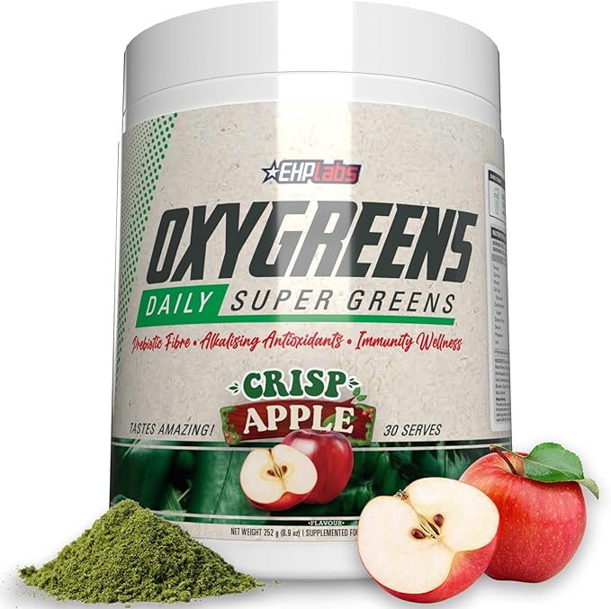 EHP Labs OxyGreens Super Greens Powder - Spirulina & Chlorella Superfood, Green Juice Powder & Greens Supplements with Prebiotic Fibre, Antioxidants & Immunity Support, 30 Serves (Crisp Apple)