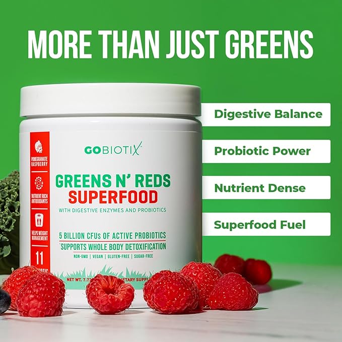 GOBIOTIX Super Greens and Reds Powder - Red and Green Superfood - Probiotic Supplement - Digestive Enzymes and Beet Root Powder - Organic Whole Foods Dietary Supplement (Pom Raspberry, 1 Pack)