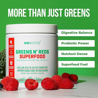 GOBIOTIX Super Greens and Reds Powder - Red and Green Superfood - Probiotic Supplement - Digestive Enzymes and Beet Root Powder - Organic Whole Foods Dietary Supplement (Pom Raspberry, 1 Pack)