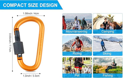 10 Pack Aluminum D Ring Key Rings Hiking Clips Locking Carabiner for Hiking Camping Fishing and Outdoor Use，Clips with Screw Gate Multicolored