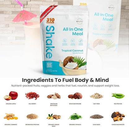 310 Nutrition All-In-One Meal Replacement Shake Powder - Plant-Based Protein Smoothie Blend w/High Fiber, Probiotics & Adaptogens - Low Carb, Vegan, Keto & Paleo Friendly - Tropical Coconut - 28 Srv