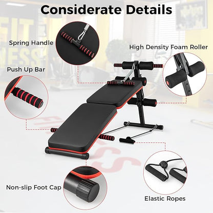 GYMAX Sit Up Bench, 330lbs Folding Decline Workout Bench with Spring Handle, Elastic Ropes & 4 Level Adjustable Height, Incline Weight Bench for Situp, Ab Crunch, Strength Training Exercise for Home Gym
