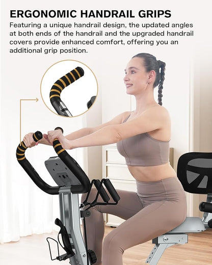 pooboo Folding Exercise Bike, Foldable Upright Stationary Bike, Indoor Cycling Magnetic X-Bike with 8-Level Adjustable Resistance, 6.6 LBS Flywheel, 300LB Capacity, Bottle Holder & Back Support Cushion for Home Gym