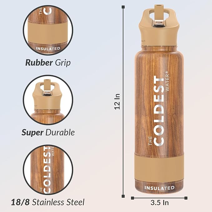 Coldest Insulated Water Bottle with Straw Lid - Stainless Steel Metal Insulated Bottle for Men & Women (Executive Wood, 40 oz)