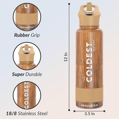 Coldest Insulated Water Bottle with Straw Lid - Stainless Steel Metal Insulated Bottle for Men & Women (Executive Wood, 40 oz)
