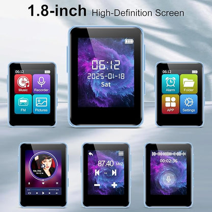 32GB MP3 Player with Bluetooth, 1.8 inch Screen, with FM Radio, Recorder, Portable Sport HiFi Music Player Up to 512GB, Blue