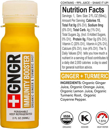 '+GNGR Immunity Booster Organic Ginger and Turmeric Shot - Cold Pressed Ginger Shots with Turmeric, Cayenne Pepper, Orange, Lemon for All Natural Immune & Digestive Support (2 Oz, Pack of 12)