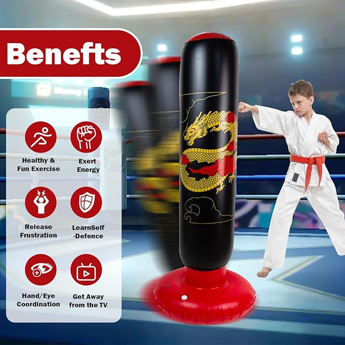 Larger Inflatable Punching Bag for Kids with Boxing Gloves,Tall 66 Inch Ninja Kids Inflatable Boxing Bag,Gifts for Boys & Girls Age 5-12 for Taekwondo,MMA and Practicing Karate