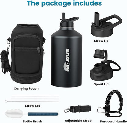 Insulated Water Bottle 64 oz, Triple Wall Vacuum Stainless Steel(Cold for 48 Hrs),Leak Proof & BPA-Free,Half Gallon Water Bottle with Reflective Paracord & Flip Straw for Sports & Travel, Black